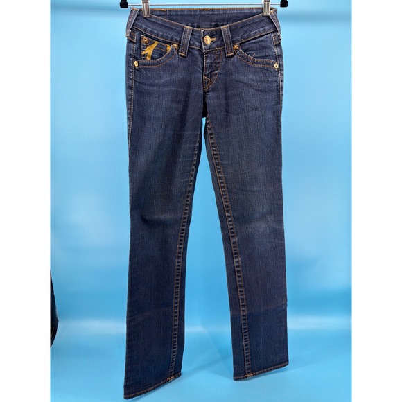 True Religion Denim - True Religion Womens 27 Painted Horseshoe Low Rise Straight Leg Jeans Dark Wash